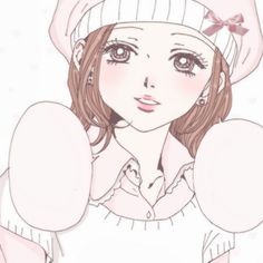 a drawing of a girl with brown hair wearing a white hat and pink dress shirt