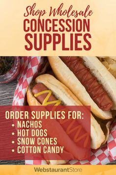 a flyer for a hot dog shop with two hotdogs and fries on it