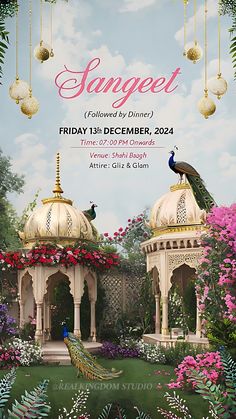 an advertisement for the event with two peacocks on top of gazebos and flowers