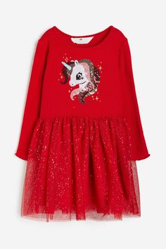 Dress in ribbed jersey with a sequined motif at front. Gathered seam at waist, long sleeves, and a gently flared skirt with outer layer in glittery tulle. Red Unicorn, Tule Rok, Tulle Skirt Dress, Sportswear Trends, Blouse Jeans, Long Sleeve Sequin, Kids Outerwear, Flared Skirt