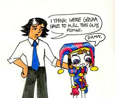 a drawing of a man standing next to a clown with a thought bubble above his head