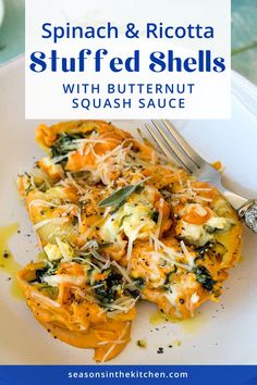 spinach and ricotta stuffed shells with butternut squash sauce on a white plate