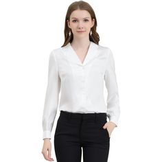 Complete your chic style with this satin button-up shirt. This satin button-up shirt features button cuffs and a notch collar perfectly. Pair it with jeans and work pants for your casual chic look. To create an elegant image with a classic design. Look smart and classic in this shirt finished with solid color fabric. With shiny and smooth fabric, this satin shirt makes you look elegant and romantic. Elegant V-neck Shirt With Back Button Closure, Elegant Business Blouse With Placket, Formal V-neck Shirt With Button Closure, Formal V-neck Shirt With Buttons, Elegant Workwear Blouse With Placket, Elegant Workwear Blouse, Formal Blouse With Lapel Collar And Placket, Elegant Office Wear Blouse With Placket, Classic Lapel Collar Blouse For Office