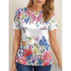 Season:Summer; Fabric:Polyester; Sleeve Length:Short Sleeve; Look After Me:Washable,Machine wash; Gender:Women's; Style:Fashion; Elasticity:Micro-elastic; Tops Type:T shirt Tee; Occasion:Weekend,Daily; Top Length:Regular; Fit Type:Regular Fit; Pattern:Floral; Design:Print; Neckline:Round Neck; Brand:Shall We; Listing Date:12/29/2023; Bust:; Length:; Sleeve:; Fit US Size:; Fit UK Size:; Fit EU Size:; Print Type:3D Print Weekend Fashion, Weekend Style, Women's T Shirts, Fashion Mode, Blue Print, Summer 2024, Tshirts Online, Black Shorts, Shirt Online