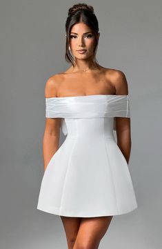 Carrie Mini Dress - Ivory – BABYBOO White Evening Dress For Wedding Guest During Prom Season, Elegant Off-shoulder Evening Dress For Wedding Guest, White Off-shoulder Bridesmaid Dresses, Elegant Dresses For Bridal Shower, White Mini Dress For Bridesmaid, Off-shoulder Fitted Mini Dress For Wedding, Bridesmaid Mini Length Evening Dress, Off-shoulder Mini Dress For Wedding And Prom Season, Off-shoulder White Dress For Wedding Guest