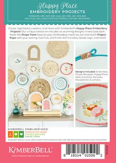 an advertisement for the happy place embrodery projects book, featuring plates and bowls