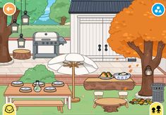 an animated image of a backyard with picnic tables and umbrellas