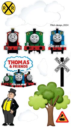 thomas the tank engine train with trees and signs