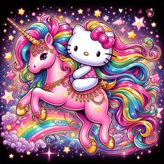 a hello kitty riding on the back of a pink unicorn with rainbows and stars