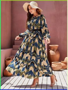 Free Returns ✓ Free Shipping On Orders $49  ✓. Plus Geo Print Lantern Sleeve Belted Dress- Plus Size Dresses at SHEIN. Fall Plus Size, Hijab Dress, Geo Print, Lantern Sleeve, Colorful Boho, Lantern Sleeves, Fall Wardrobe, Print Pattern