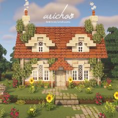 an image of a house with flowers in the front yard and sunflowers on the side