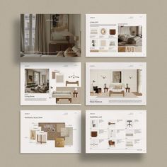 the interior design brochure is displayed in four different sections, including an open - ended