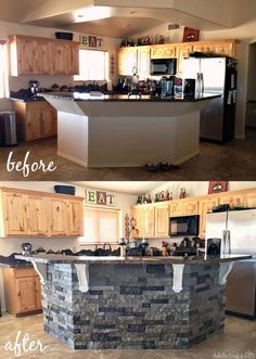 before and after pictures of a kitchen remodel with stone veneers on the island