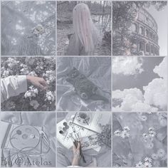 a collage of photos with white flowers and clouds in the background, including an image of a woman's face