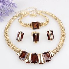 This Set Comes With Necklace,Braclet, Ring , And Earrings Deep Brown, Necklace Set, Stone Color, Gold Bracelet, Charm Bracelet, Necklaces, Women Jewelry, Ring, Stone