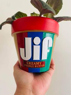 a hand holding up a cup filled with ice cream and a leafy plant in it