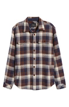 A handsome plaid in a mix of brown and blue furthers the easy-wearing appeal of this wool-kissed flannel shirt-jacket in a fit that's great layered or solo. 29" length, 46" chest (size medium) Spread collar Long sleeves with button cuffs 85% polyester, 10% acrylic, 5% wool Dry clean Imported Collared Flannel Shirt For Casual Fall Gatherings, Classic Brown Flannel Shirt For Fall, Classic Collared Flannel Shirt For Fall, Fall Flannel Shirt For Casual Gatherings, Flannel Shirt For Casual Gatherings In Fall, Casual Wool Shacket For Fall, Classic Plaid Shacket For Fall, Classic Flannel Shirt For Fall Casual Gatherings, Casual Wool Flannel Shirt With Pockets