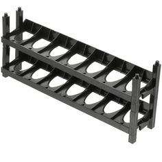 a black rack with two rows of holes on the bottom and one shelf below it