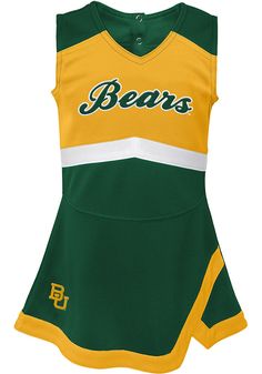 Get your future Baylor fan excited to show their spirit in this Baylor Bears Girls Green Cheer Set! Give them something to cheer about with this Cheer Set, which features a self fabric applique with embroidery. School Spirit Stretch Tops For Cheerleading, Fitted Sleeveless Team Spirit Tops, Fitted Sleeveless Top For Team Spirit, Fitted Team Name Tops For Cheerleading, Fitted Cheerleading Top, Fitted Tops With Team Name For Cheerleading, Collegiate Sleeveless Tops For Cheerleading, Fitted Tops For Cheerleading With School Spirit, Collegiate Fitted Sleeveless Top