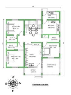 the floor plan for a two story house with three bedroom and an attached kitchen area