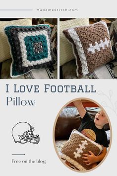 the crocheted pillow is made to look like an old football helmet and has been placed