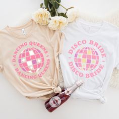 two t - shirts that say disco bride and disco bridal bride