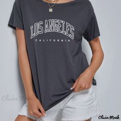 Olivia Mark - Letter Graphic Casual Sports Short Sleeve T-shirts, Crew Neck Loose Tee, Women's Summer Tops Casual Sports T-shirt With Text Print, Casual Gray T-shirt For College, Gray Short Sleeve T-shirt With Letter Print, Casual Sports T-shirt With Letter Print, Casual Sports Tops With Text Print, Gray Crew Neck T-shirt For College, Sports Tops With Slogan In Relaxed Fit, Sports Relaxed Fit Slogan Tops, Relaxed Fit Slogan Tops For Sports