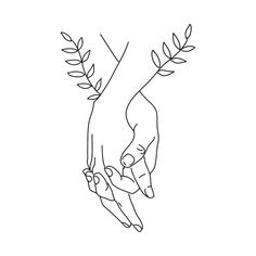 two hands holding each other with leaves on the top and bottom, above them is a white background