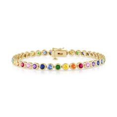 Bezel Set Rainbow Tennis Bracelet – Stephanie Gottlieb Sapphire Tennis Bracelet, Dress Reference, Ombre Bracelet, Birthday Bracelet, Rainbow Gemstones, Rainbow Jewelry, Rainbow Bracelet, Gold Bead Bracelets, Bracelet Style