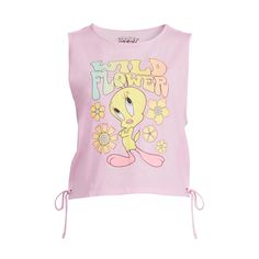 Looney Tunes Tweety Women's Side Tie Knit Tank Top Wild Flower Sz. Xs (1) Pink Yellow Playful Fitted Tops, Fitted Playful Yellow Tops, Playful Fitted Yellow Tops, Fitted Yellow Playful Tops, Playful Yellow Loungewear Tops, Playful Yellow Tops For Loungewear, Playful Tops For Spring Loungewear, Casual Yellow Tank Top With Graphic Print, Playful Spring Loungewear Tops