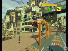 an image of a video game scene with people walking on the street and buildings in the background