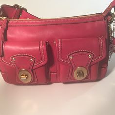 Coach Legacy Nwt Look For Matching Wallet In My Closet Raspberry Leather Shoulder Bag Zip Closure For Main Compartment 2 Front Turn Lock Pockets Zip Large Back Pocket Brass Hardware Interior Has One Side Zip Pocket &2 Slip Pockets Key Hook The Last Picture Is Very Close To The Actual Color Coach Crossbody Bag With Pockets, Formal Rectangular Bags With Pockets, Formal Bags With Pockets, Coach Legacy, Raspberry Color, Key Hook, Key Hooks, Brass Hardware, Coach Bags