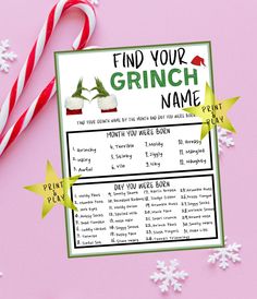 a printable grinch name game with candy canes and candies on pink background