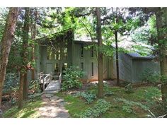 a small cabin in the woods surrounded by trees and bushes with a walkway leading to it