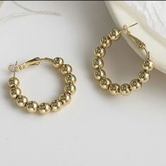 Beautiful Gold Ball Beaded Circle Hoop Earrings. Size 3.5cm In Length Width 2.8g Sterling Pin Trendy Gold Beaded Earrings, Gold Beaded Hoop Earrings, Gold Small Hoop Beaded Earrings, Gold Hoop Beaded Earrings For Pierced Ears, Trendy Gold Beaded Hoop Earrings, Trendy Gold Hoop Beaded Earrings, Gold Beads Hoop Jewelry, Hoop Jewelry With Gold Beads, Gold Beaded Metal Hoop Jewelry