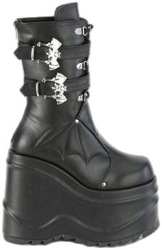 Emo Heels, Gothic Black Platform Boots With Reinforced Heel, Gothic High-top Platform Wedge Boots, Gothic Black Mid-calf Boots With Platform, Hologram Shoes, Emo Boots, Gothic Lace-up Platform Boots With Metal Feet, Goth Heels & Wedges, Leather Platform Boots