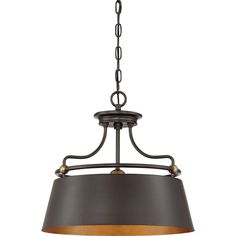 a light fixture hanging from the ceiling with an iron chain and black shade on it