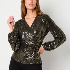 Features: SequinsClosure Type: Pullover HeadFit: Regular FitNeckline: V NeckSleeve Length: Long SleeveSleeve Style: Balloon SleeveApparel Length: 24.4 InchesFiber Content: 85% Nylon, 10% Metallic, 5% SpandexFabric Description: Mesh NetLining Material: PolyesterCare: Tumble Dry, Machine WashMaterial: PolyesterCountry of Origin: Imported Blouse Black, Black Blouse, Shirts Tops, Sleeve Blouse, Blouses For Women, Top Blouse, Long Sleeve Blouse, Blouses, Product Description