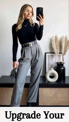 Professional But Casual Outfits Women, Cute Simple Interview Outfits, Work Style 2023, Grey Work Trousers Outfit, Lily Clark Outfits, Grey Business Casual Outfits For Women, Smart But Casual Outfits, Colourful Business Outfit, Grey Trousers Outfit Women Work Attire