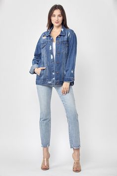 100% Cotton Loose Fit 90's Distressed Jacket Model Wearing Large & Small Fits Oversized Oversized Ripped Jeans For Spring, Relaxed Fit Distressed Denim Jacket For Fall, Distressed Denim Jacket With Relaxed Fit For Fall, Oversized Denim Blue Jacket With Frayed Hem, Relaxed Fit Light Wash Denim Jacket With Frayed Hem, Oversized Blue Denim Jacket With Frayed Hem, Relaxed Fit Medium Wash Denim Jacket With Frayed Hem, Oversized Medium Wash Ripped Outerwear, Oversized Denim Outerwear With Frayed Hem