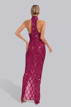 Glamorous Rhinestone Evening Dress For Prom, Glamorous Rhinestone Maxi Dress For Party, Pink Glamorous Formal Sequin Dress, Elegant Halter Neck Sequin Dress For Prom Season, Elegant Halter Neck Sequin Dress For Prom, Glamorous Halter Neck Evening Dress For Wedding, Evening Maxi Dress With Rhinestones For Party Season, Glamorous Halter Neck Maxi Dress For Prom, Elegant Sequin Dress With Rhinestones For Prom