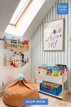 a child's playroom with books and toys