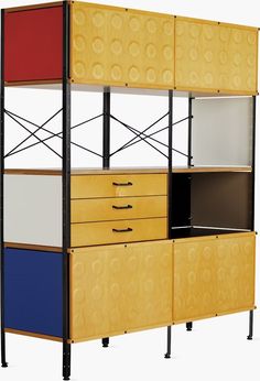 an image of a shelf with drawers and shelves on it's sides in different colors