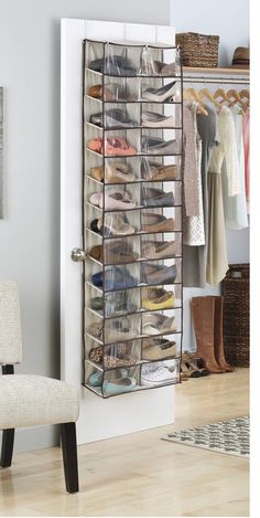 an organized closet is shown with shoes and purses on the shelves, while a chair sits in front of it