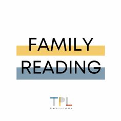 the text family reading on top of a white background with blue and yellow lines in the middle