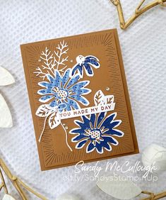 a card with blue and white flowers on it