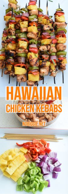 hawaiian chicken kebabs with pineapples and onions on skewers