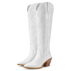 Western Knee-high Boots For Spring, Spring Season Rodeo Knee-high Boots With Snip Toe, Spring Rodeo Knee-high Boots With Snip Toe, Spring Knee-high Boots With Snip Toe For Rodeo, White Mid-calf Boots For Spring Ranch Wear, White Mid-calf Boots For Spring Outdoor Activities, White Mid-calf Boots For Spring, Spring Wide Calf Knee-high Boots For Ranch, White Snip Toe Knee-high Boots For Spring