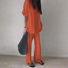 Women Vintage Solid Two-piece Suit Sets Spring O Neck Top Pullover with Straight Trousers Outfits Summer Short Sleeve Loose Set Straight Trousers Outfit, Trousers Outfit Summer, Homewear Outfit, Blouse And Trousers, Brunch Outfit Spring, Long Party Gowns, Trouser Outfit, Spring Suit, Womens Prom Dresses