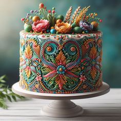 a colorful decorated cake sitting on top of a wooden table